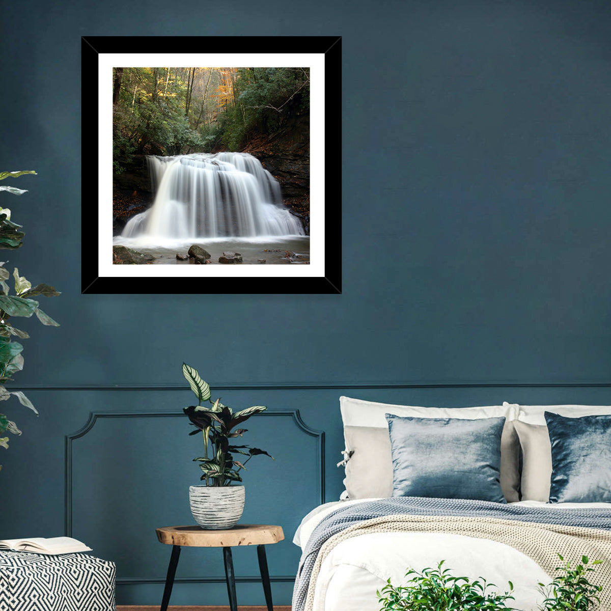 Holly River Autumn Waterfall Wall Art in a room, square
