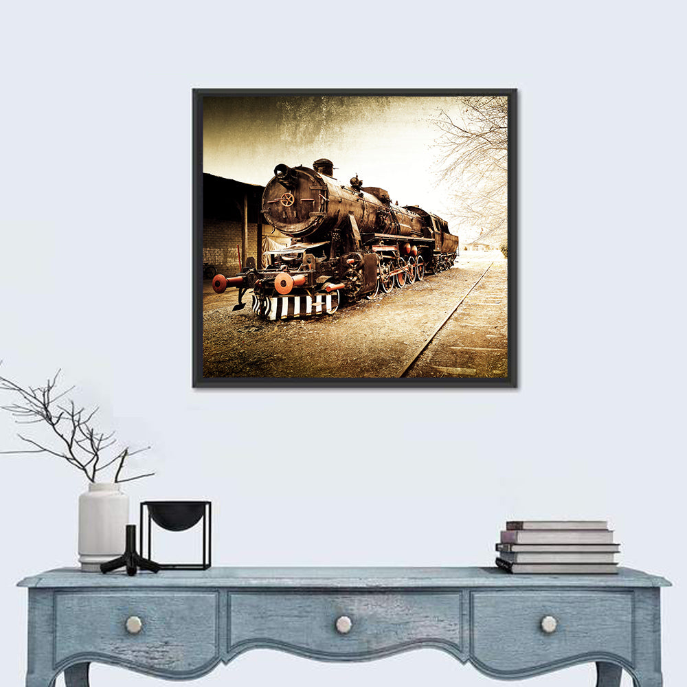 Sepia Steam Locomotive on Rusted Tracks Wall Art
