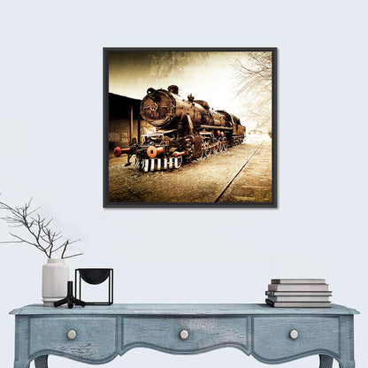 Sepia Steam Locomotive on Rusted Tracks Wall Art