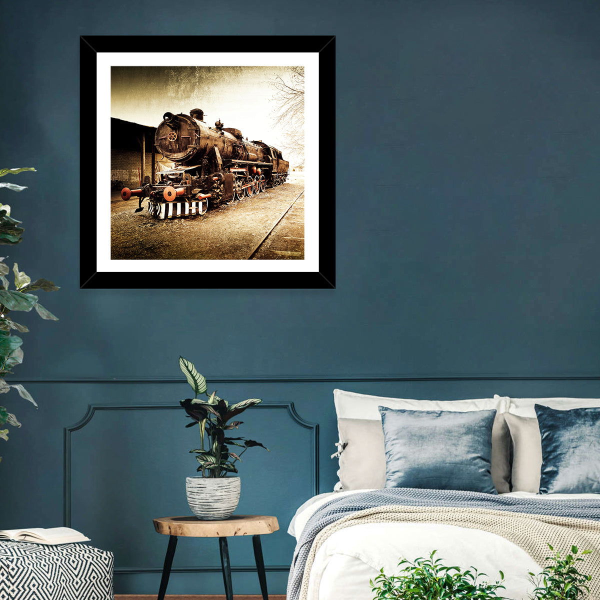 Sepia Steam Locomotive on Rusted Tracks Wall Art