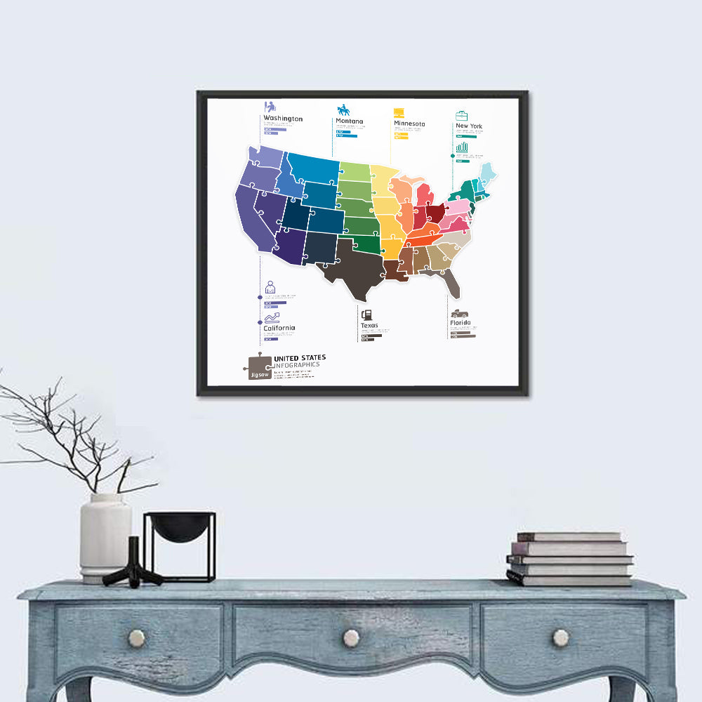 United States Jigsaw Map Wall Art in a room, square