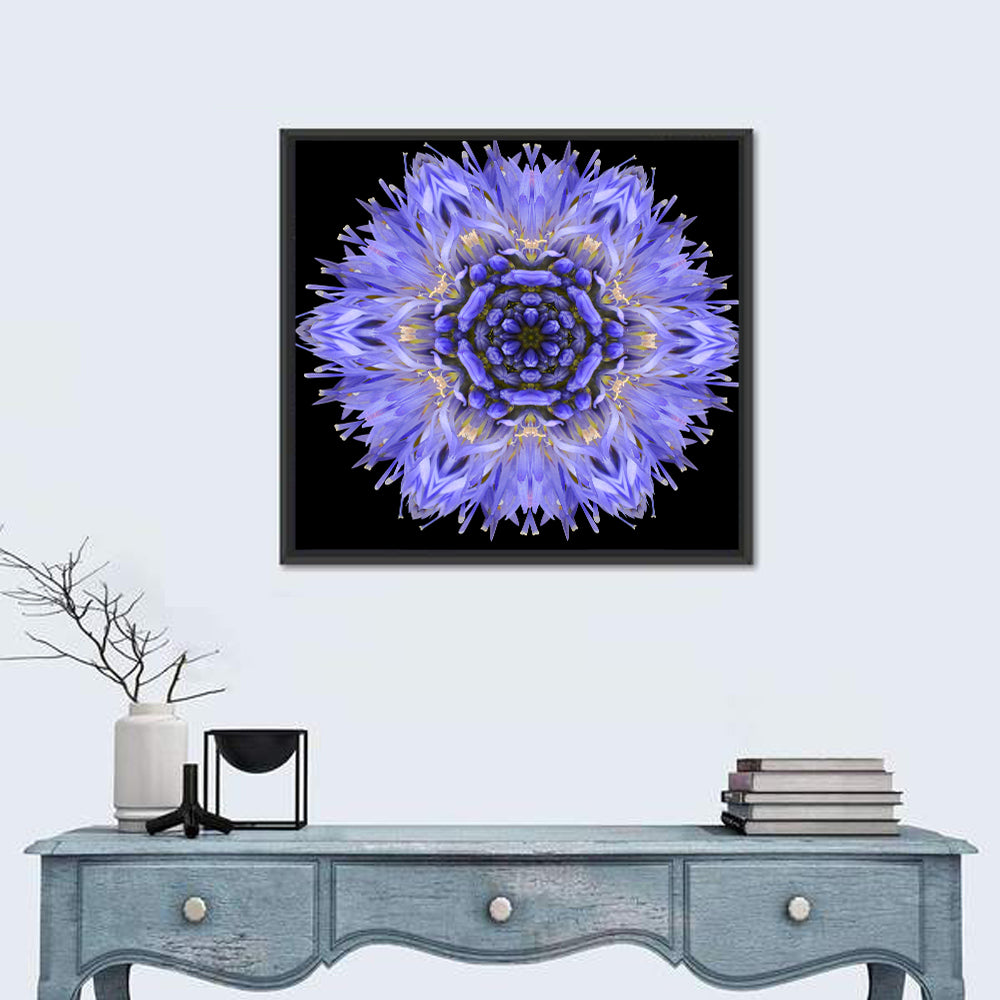 Cornflower Mandala Kaleidoscope Wall Art in a room, square