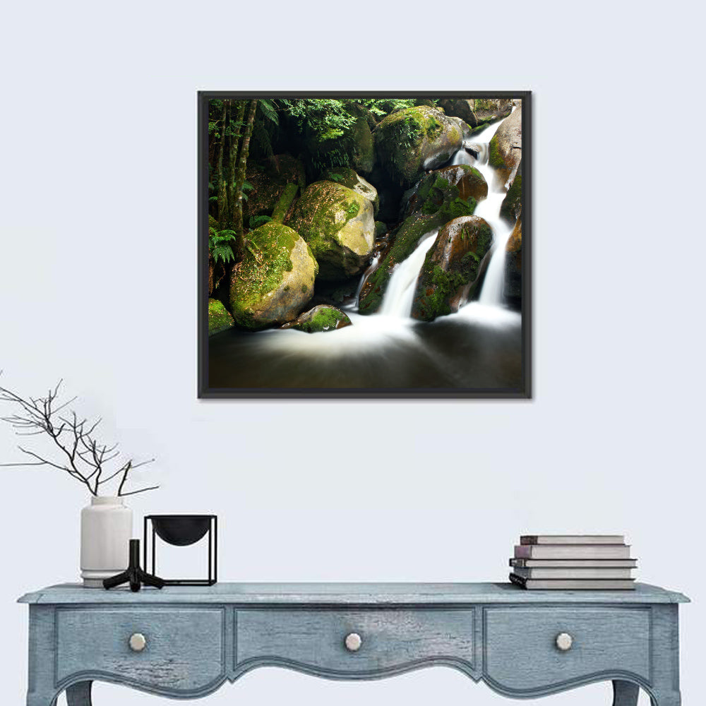 Rainforest Waterfall with Moss Covered Boulders Wall Art
