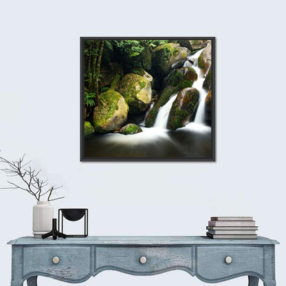 Rainforest Waterfall with Moss Covered Boulders Wall Art