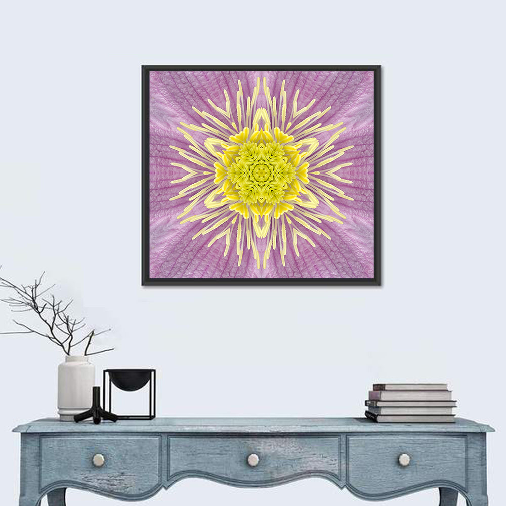 Kaleidoscopic Floral Mandala in Purple and Yellow Wall Art in a room, square