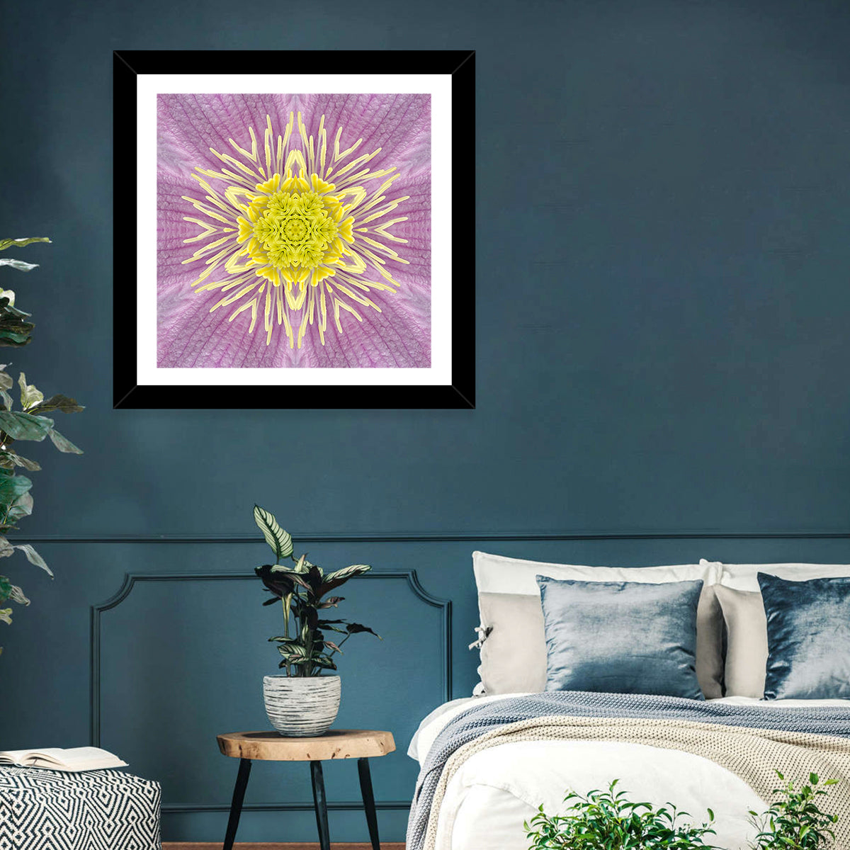 Kaleidoscopic Floral Mandala in Purple and Yellow Wall Art