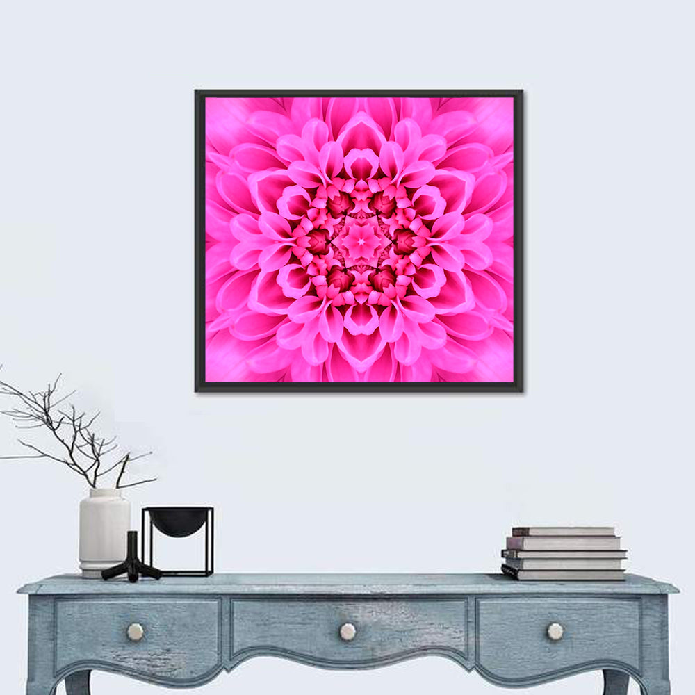 Kaleidoscopic Chrysanthemum Mandala in Magenta Wall Art in a room, square