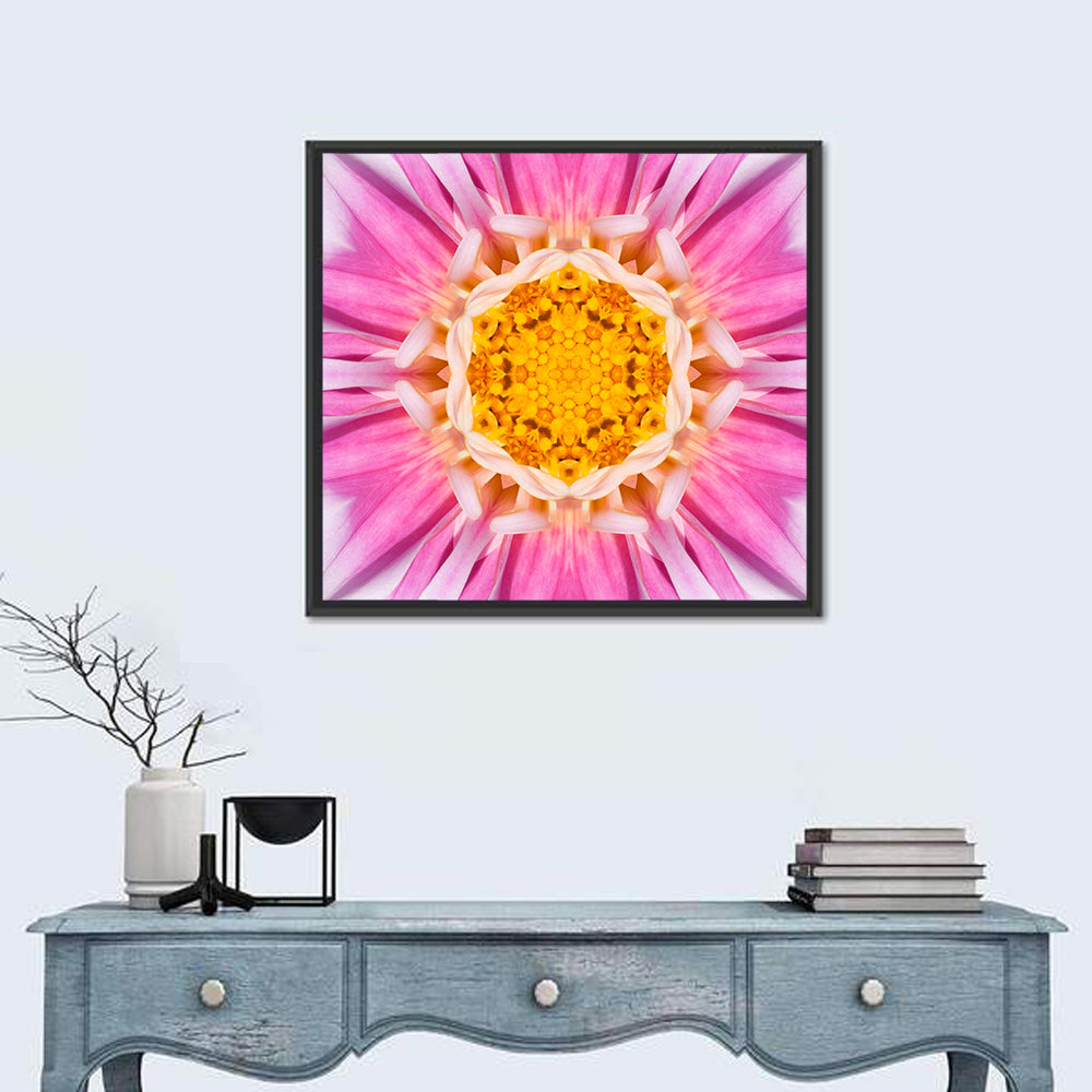 Kaleidoscopic Dahlia Mandala Bloom Wall Art in a room, square