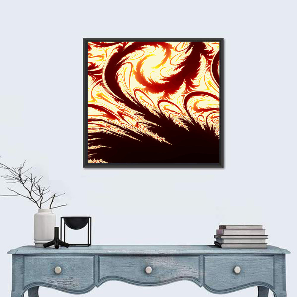 Flying Feathers in Flame Wall Art in a room, square