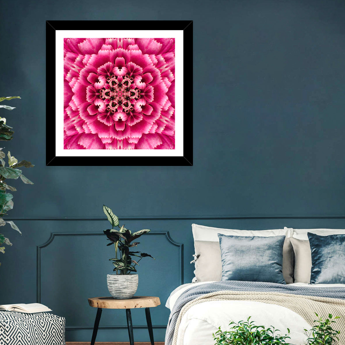 Kaleidoscopic Pink Chrysanthemum Mandala Wall Art in a room, square