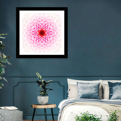Pink Chrysanthemum Mandala with Deep Red Center Wall Art