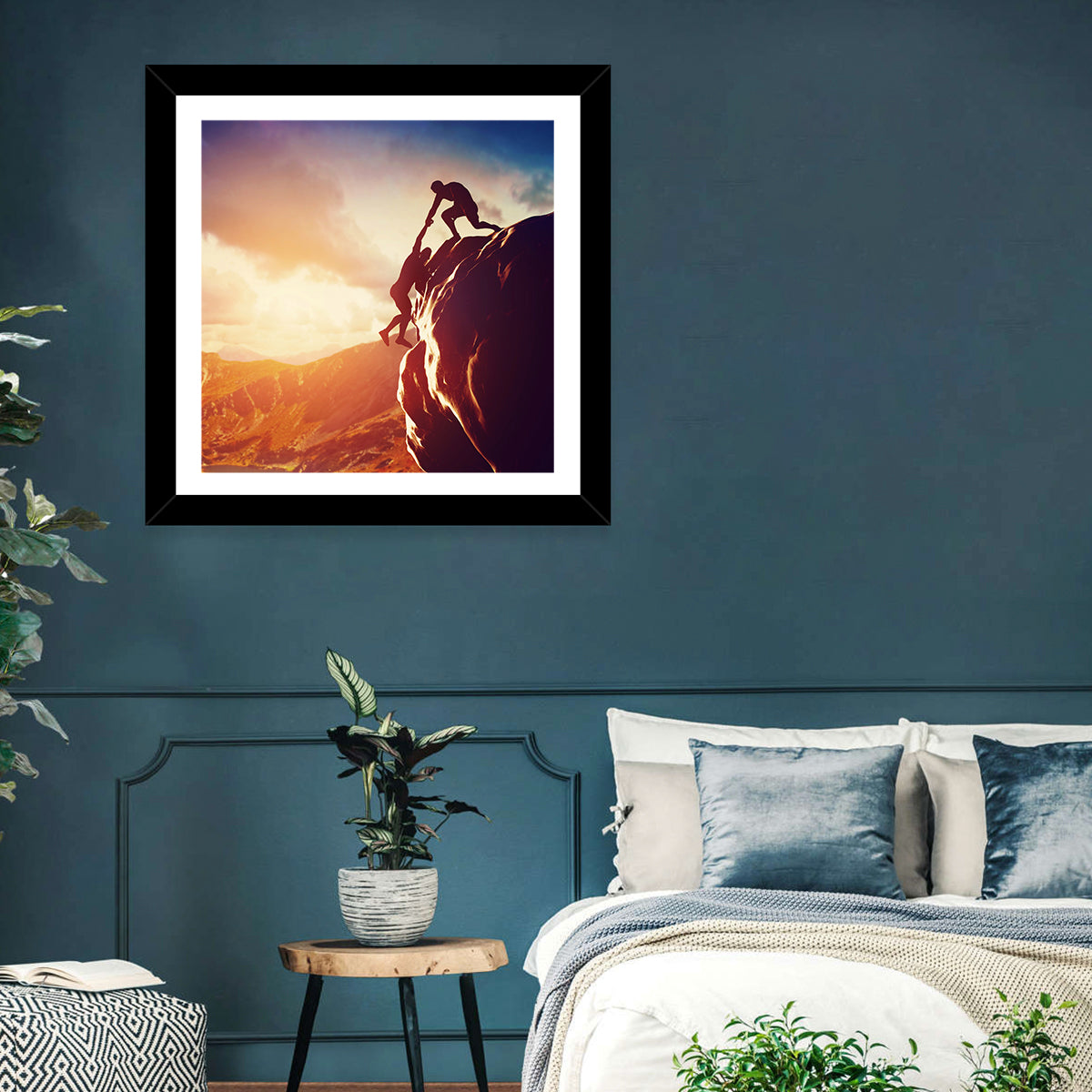 Two Hikers Summit Assist at Sunset Wall Art