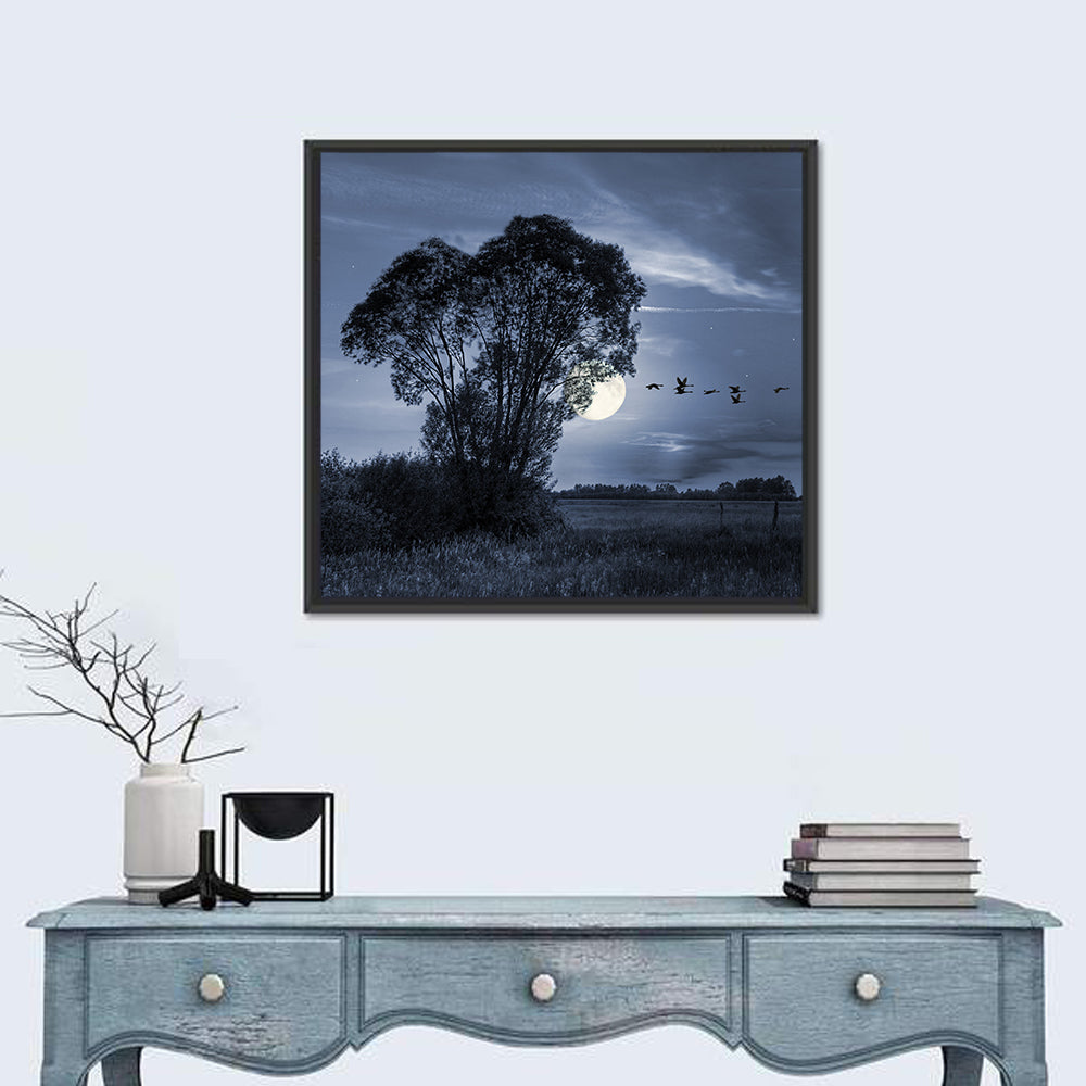 Moonlit Birds Over Quiet Field Wall Art
