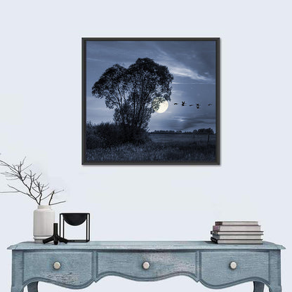 Moonlit Birds Over Quiet Field Wall Art