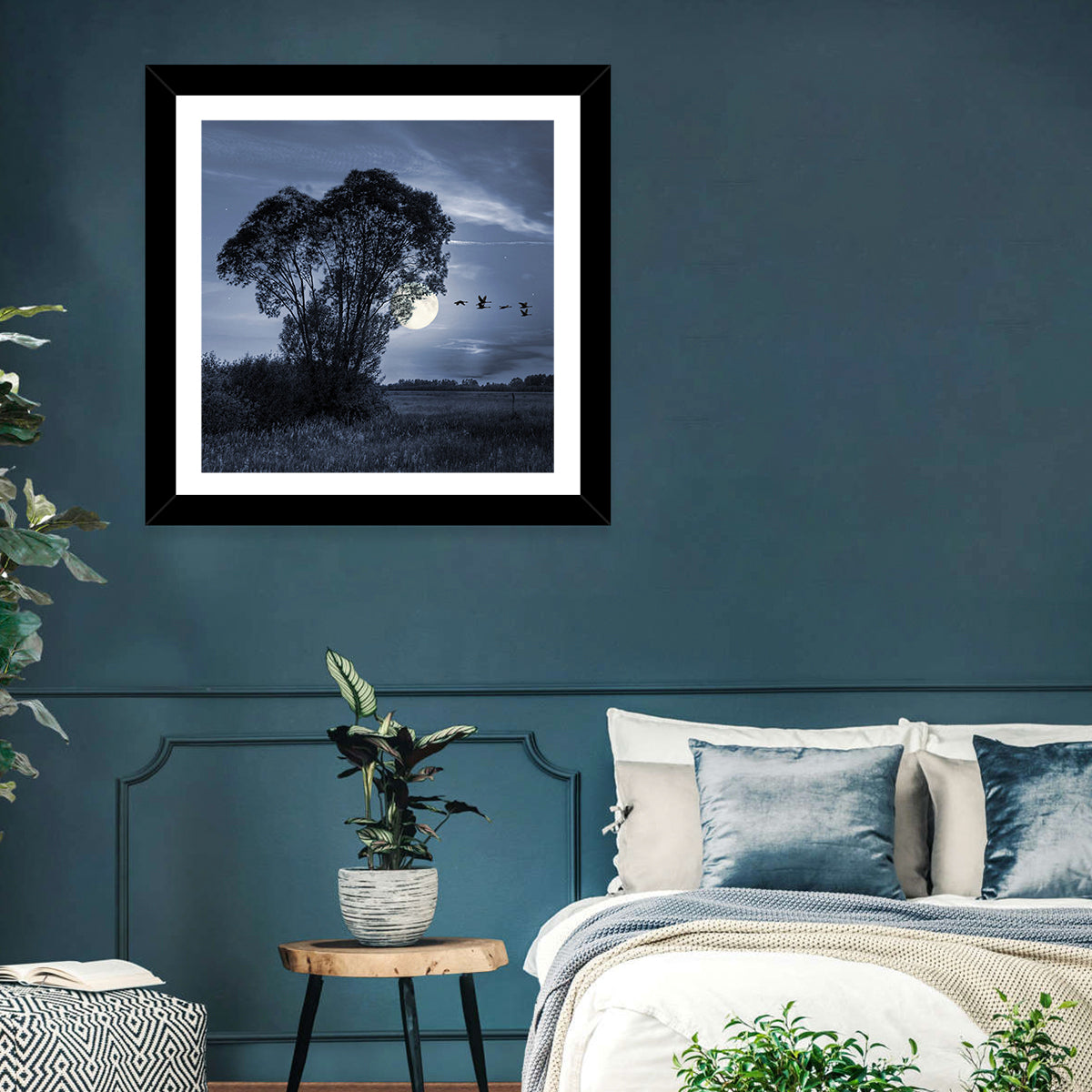 Moonlit Birds Over Quiet Field Wall Art