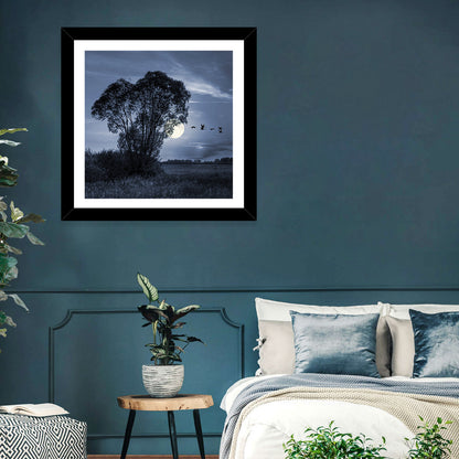 Moonlit Birds Over Quiet Field Wall Art