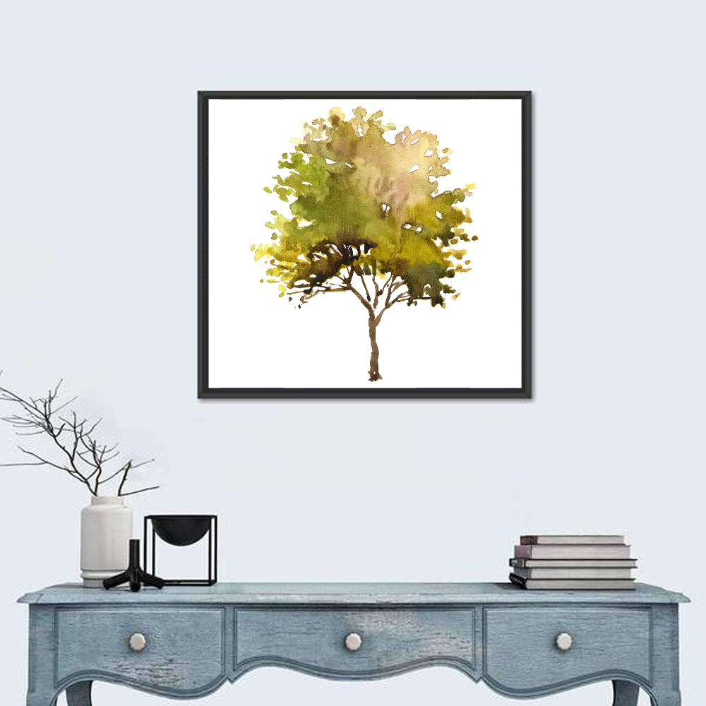 Olive Green Watercolor Tree Wall Art in a room, square