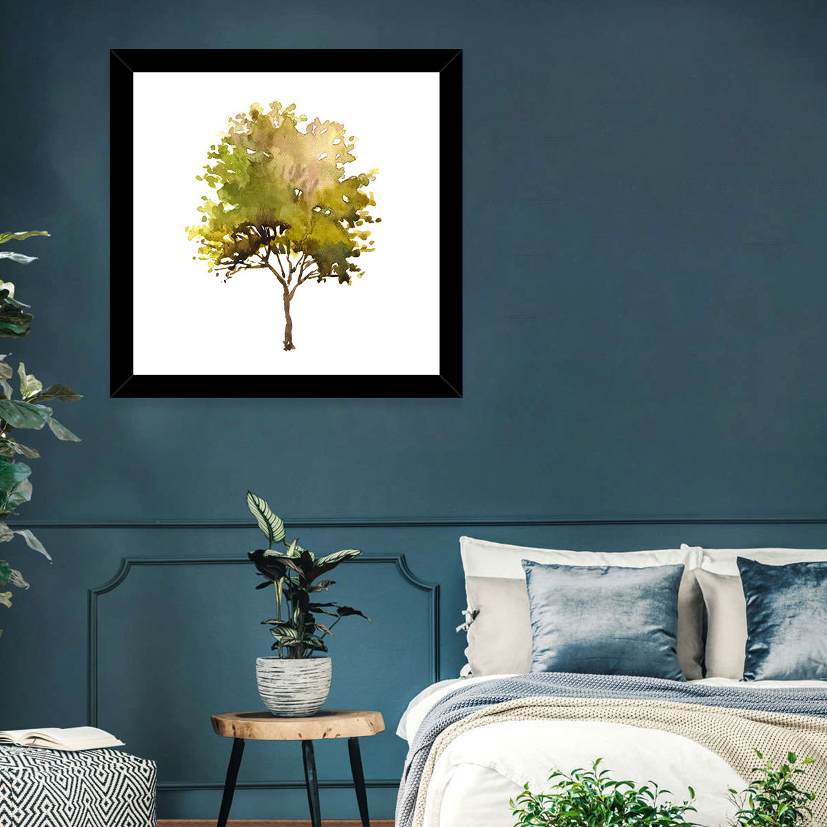 Olive Green Watercolor Tree Wall Art in a room, square