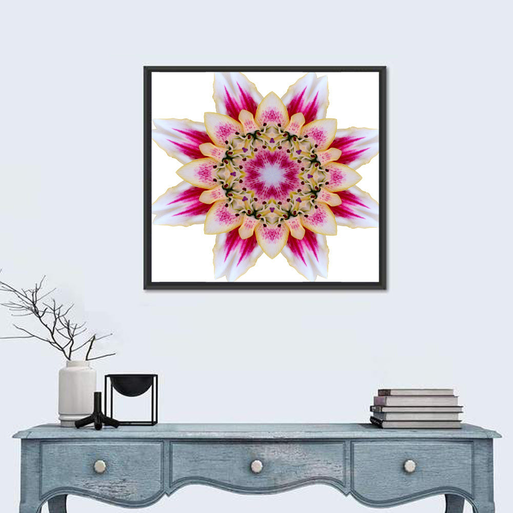 Pink Lily Star Mandala Pattern Wall Art in a room, square