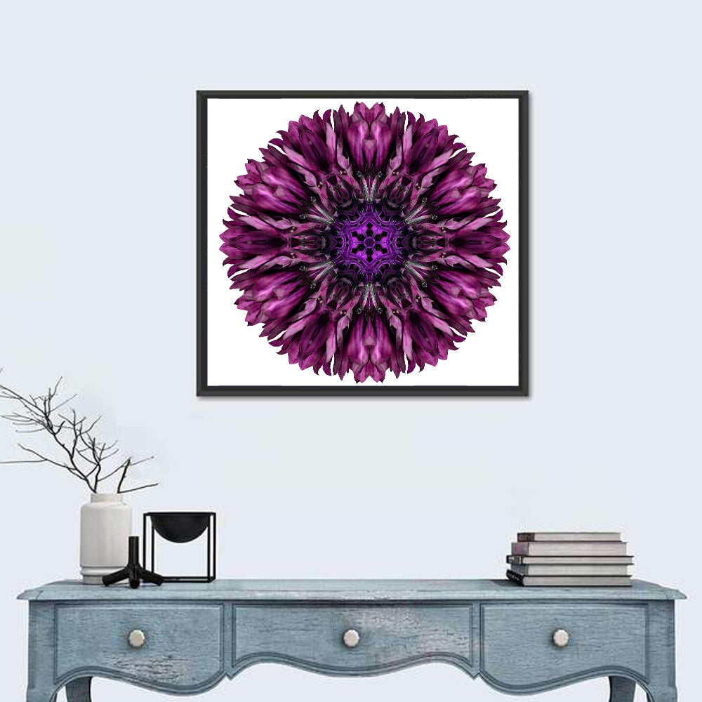 Purple Cornflower Kaleidoscope Mandala Wall Art in a room, square