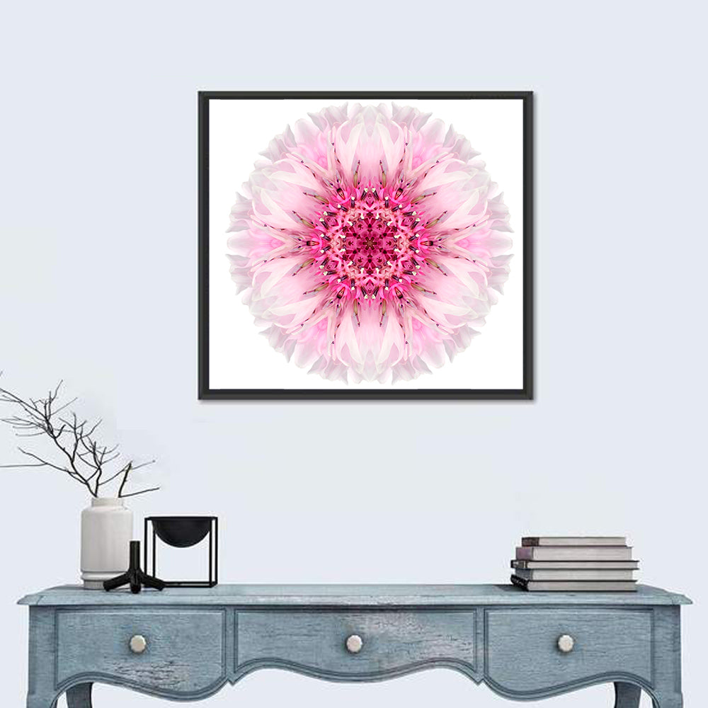 Pink Cornflower Kaleidoscope Mandala Wall Art in a room, square