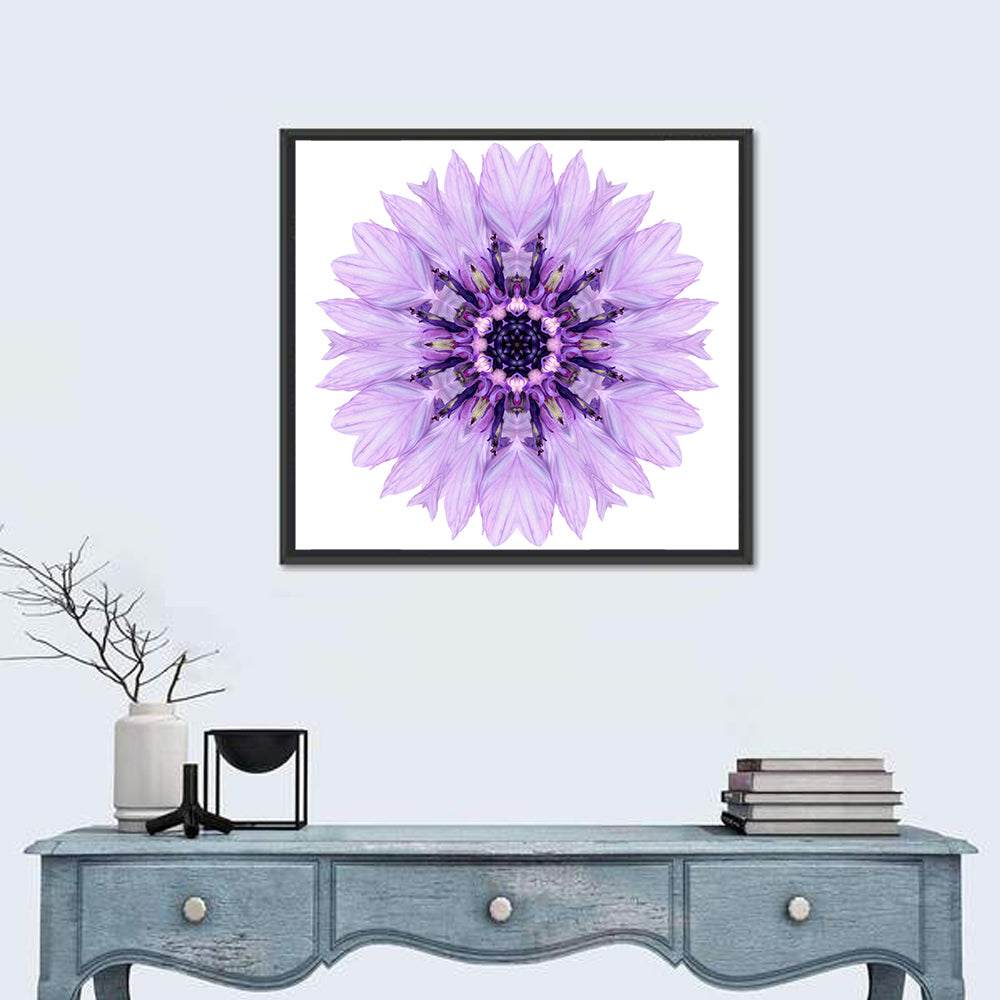 Lavender Cornflower Mandala Wall Art in a room, square