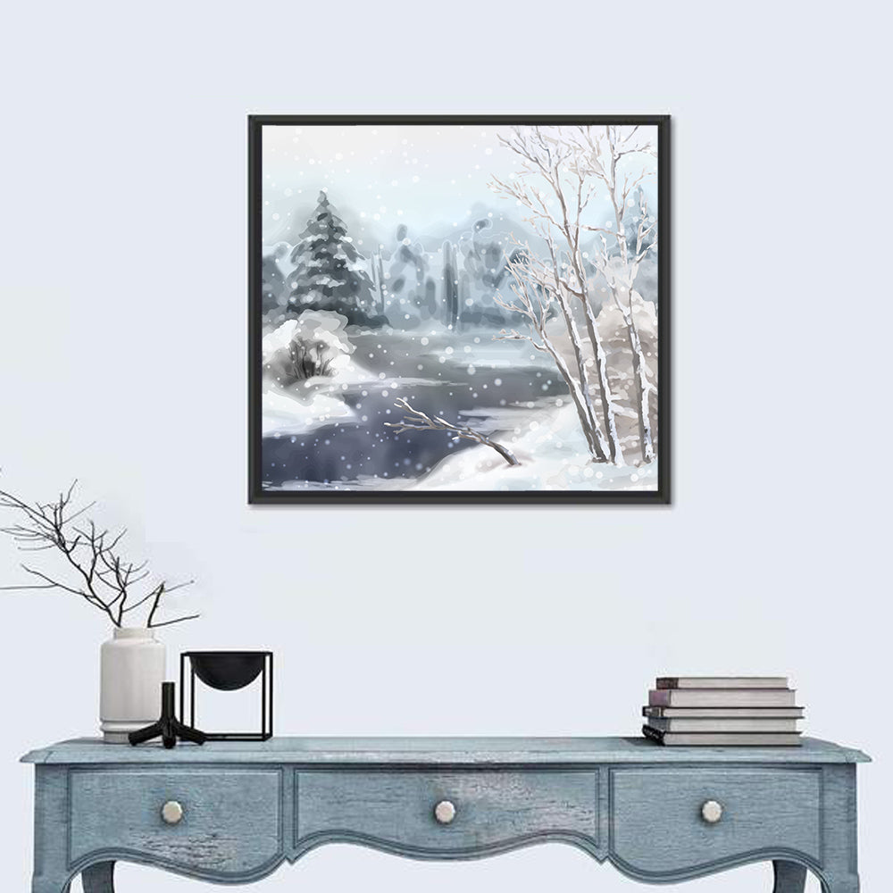Snowy Stream in Winter Forest Wall Art in a room, square