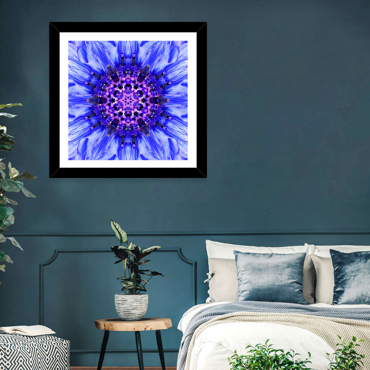Kaleidoscopic Cornflower Mandala Wall Art in a room, square