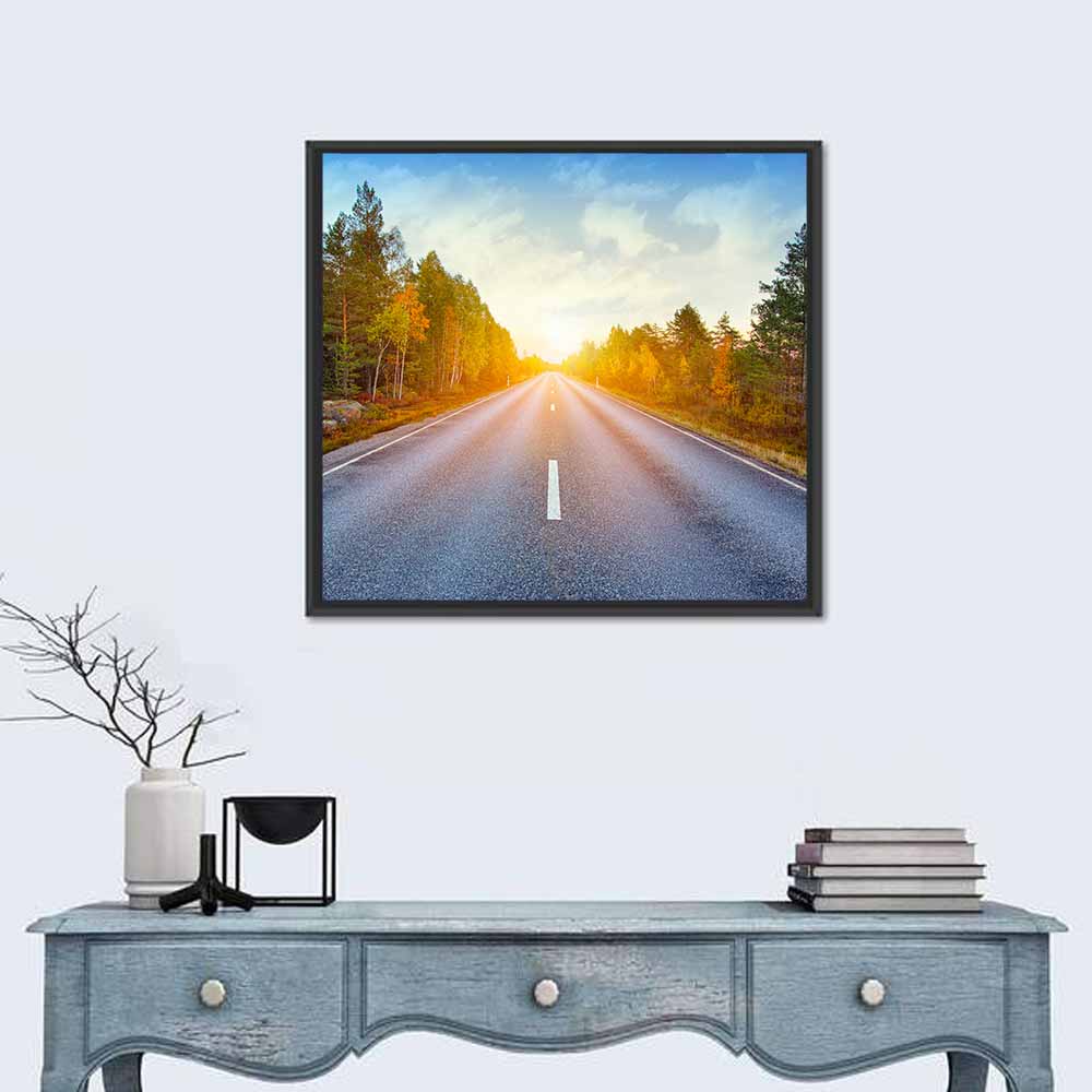 Sunlit Autumn Forest Road Wall Art