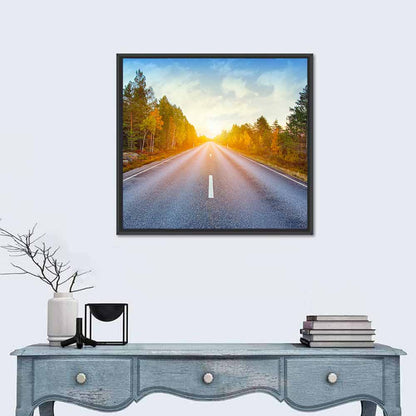 Sunlit Autumn Forest Road Wall Art