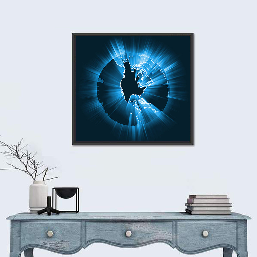 Glowing North America Globe Wall Art in a room, square