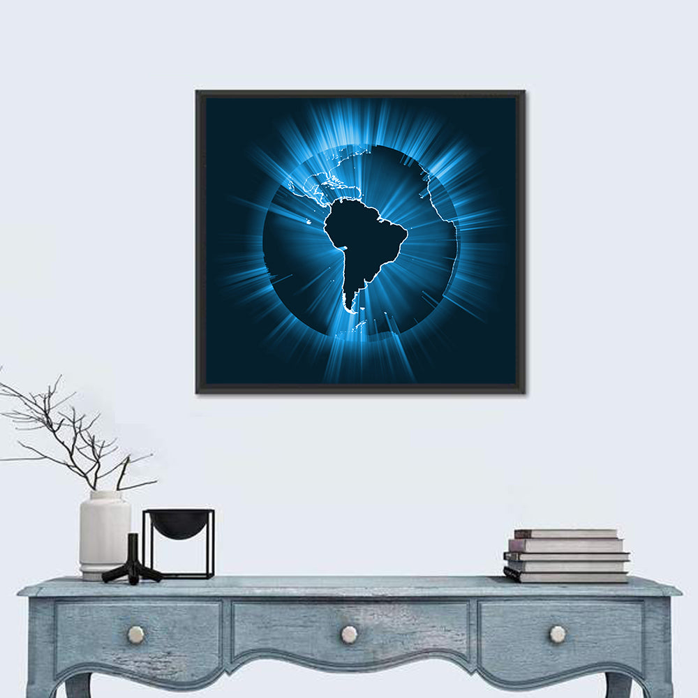 Glowing South America Map Wall Art in a room, square