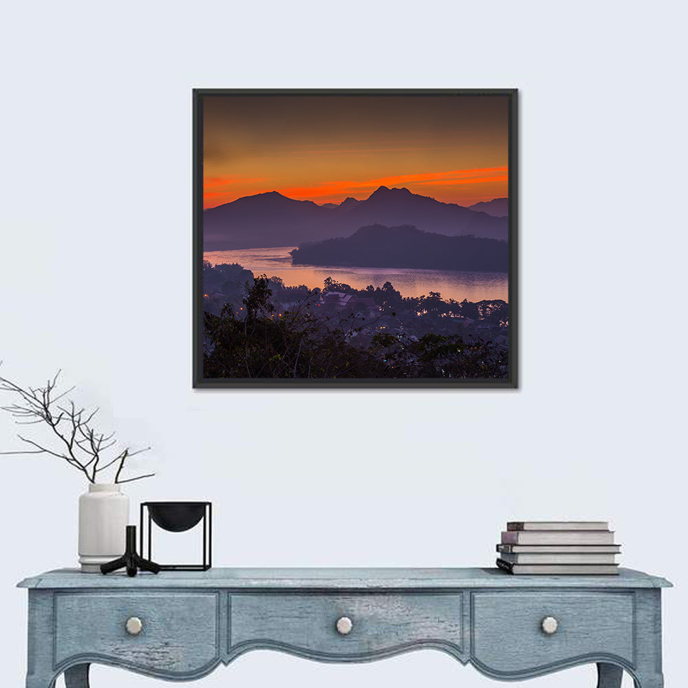 Luang Prabang Sunset Over Mekong Wall Art in a room, square