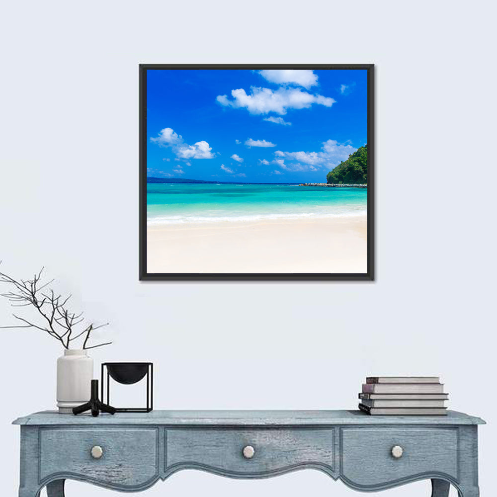 Turquoise Tropical Beach Scene Wall Art in a room, square