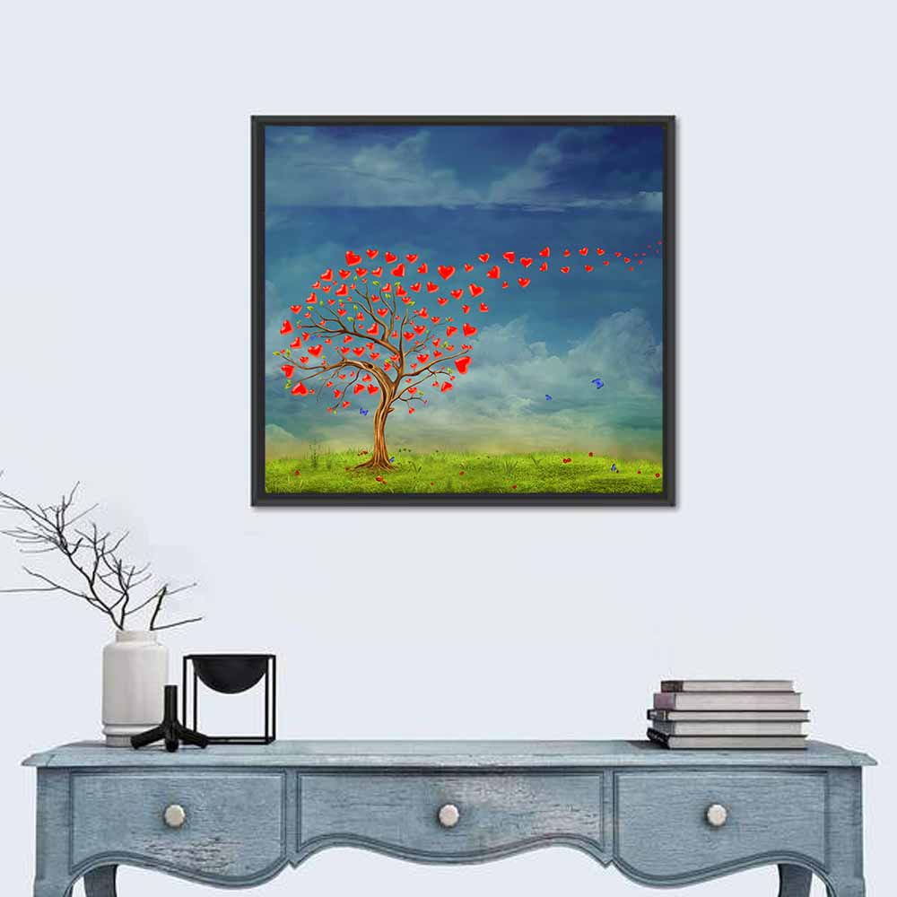 Tree of Red Hearts Wall Art in a room, square