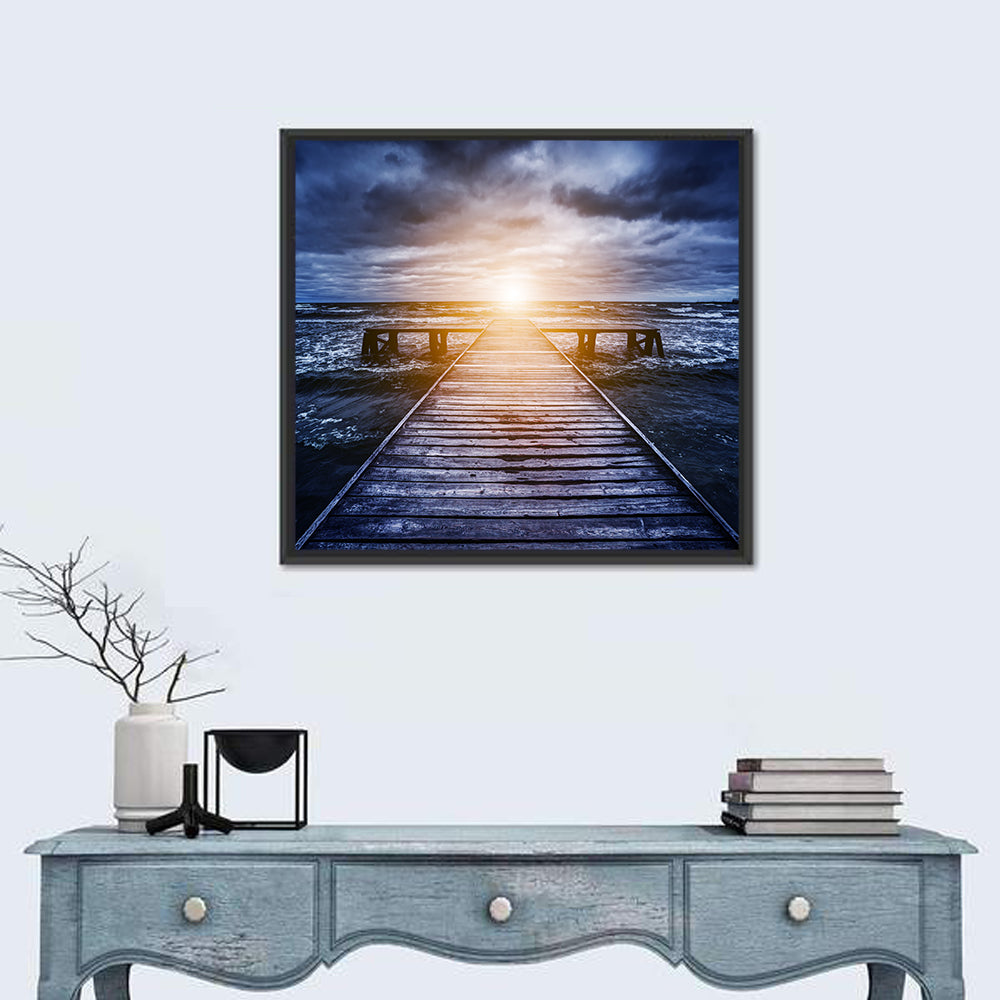 Sunlit Wooden Jetty at Dusk Wall Art