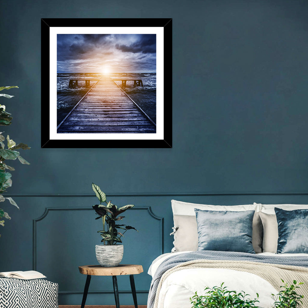 Sunlit Wooden Jetty at Dusk Wall Art