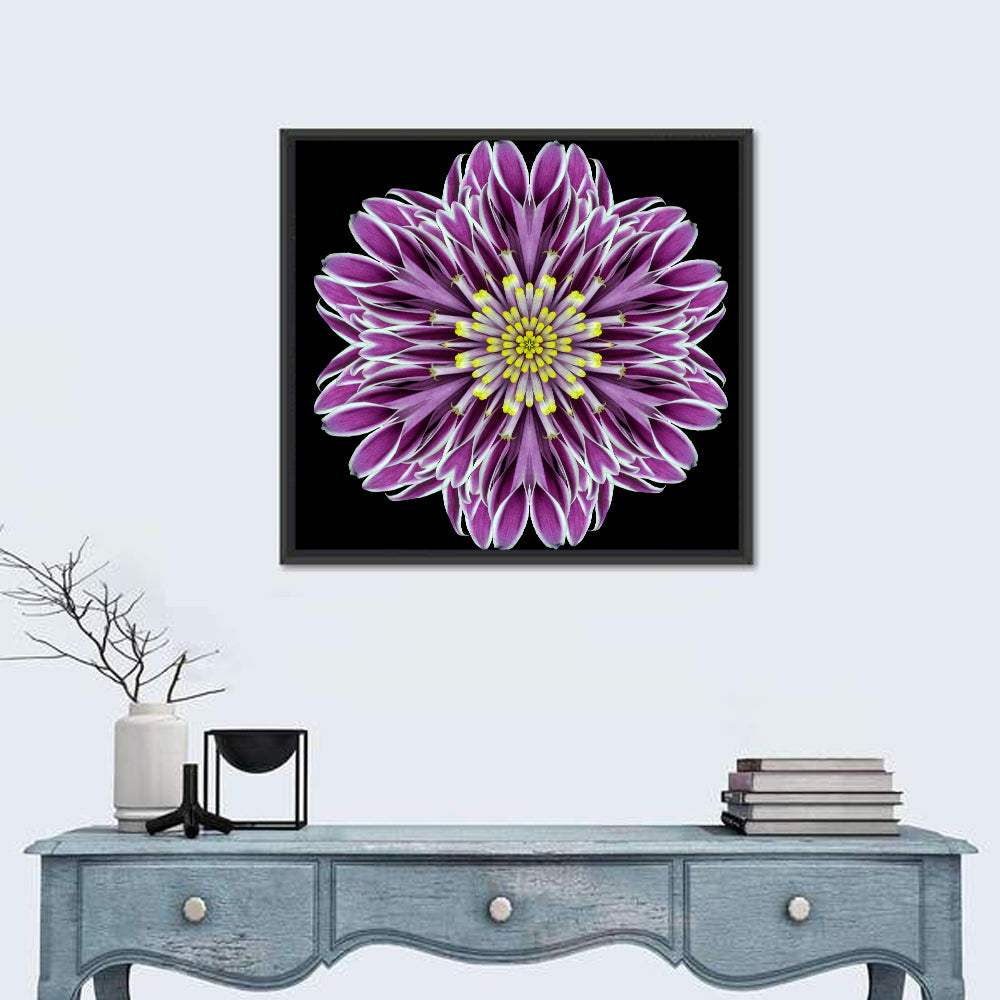 Kaleidoscopic Pink Floral Mandala Wall Art in a room, square