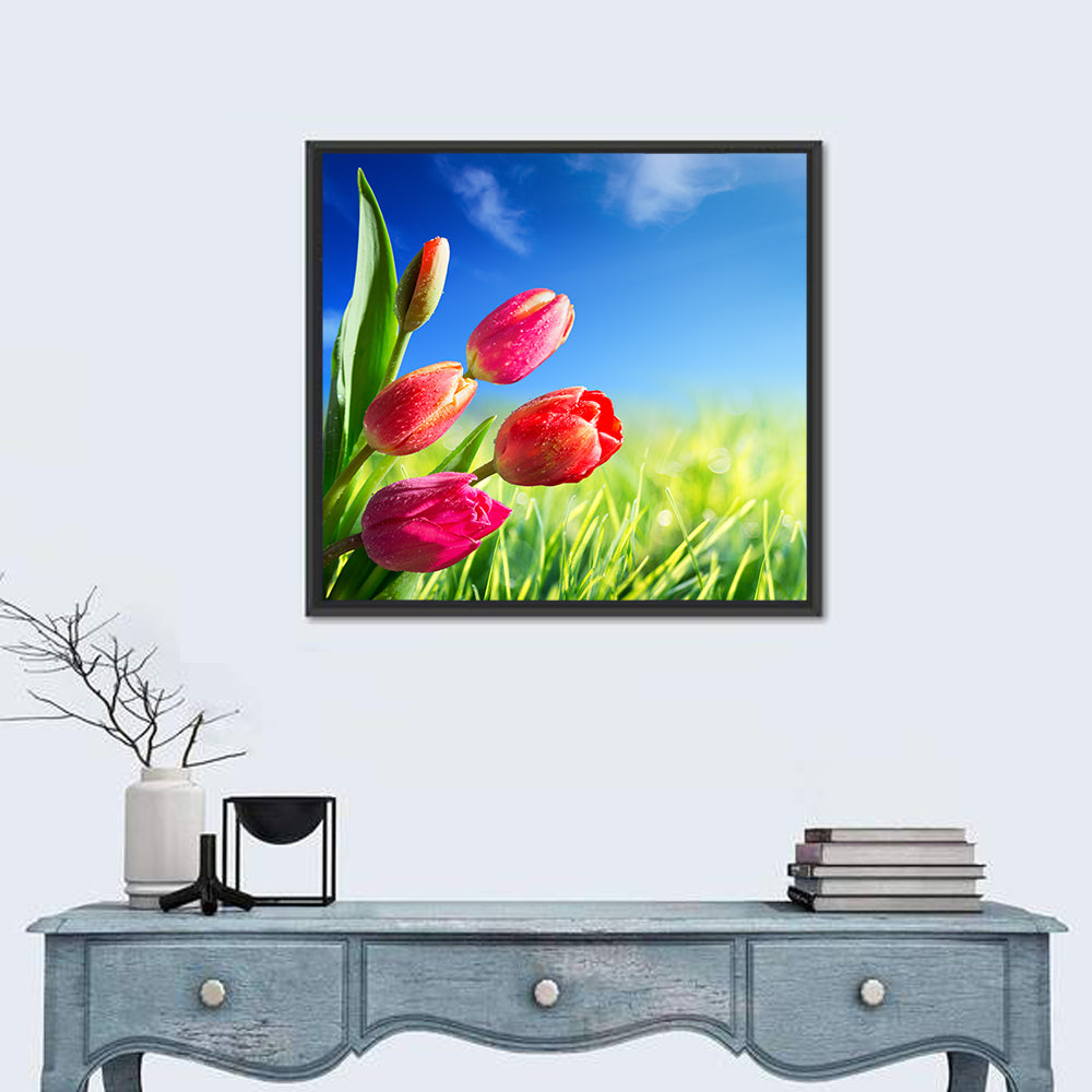 Dewy Red Tulips Under Blue Sky Wall Art