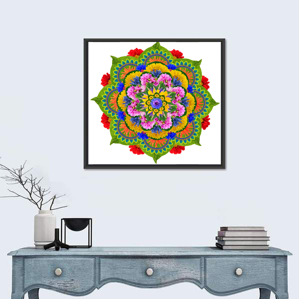 Vibrant Lotus Floral Mandala Wall Art in a room, square