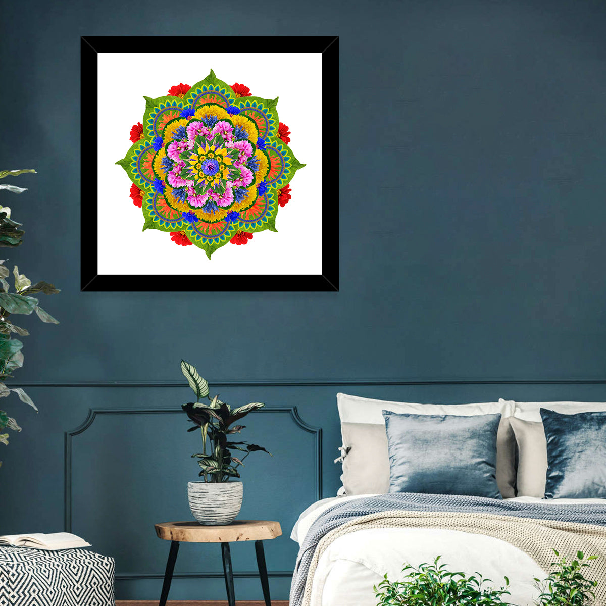 Vibrant Lotus Floral Mandala Wall Art in a room, square