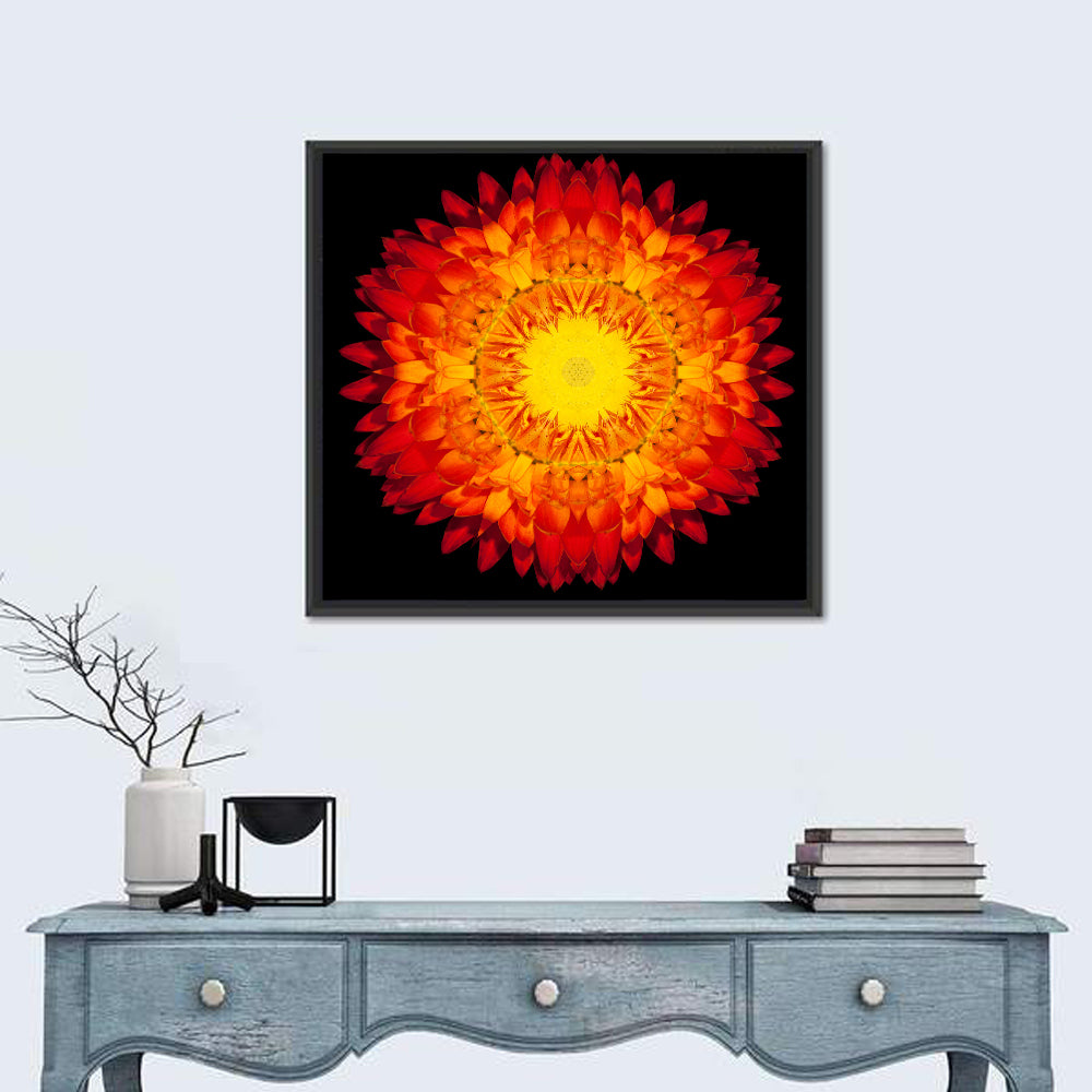 Radiant Red Kaleidoscopic Mandala Flower Wall Art in a room, square