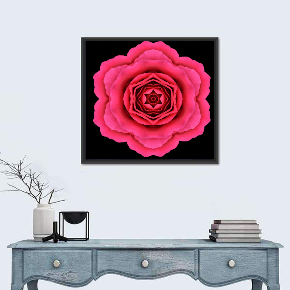 Magenta Rose Mandala Pattern Wall Art in a room, square