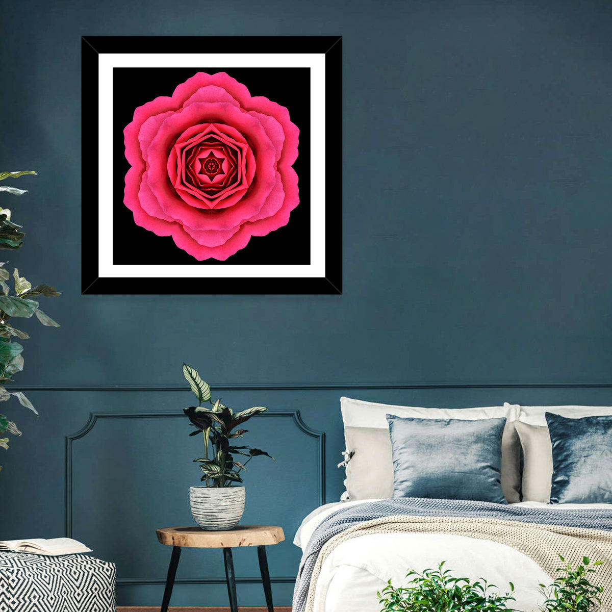 Magenta Rose Mandala Pattern Wall Art in a room, square