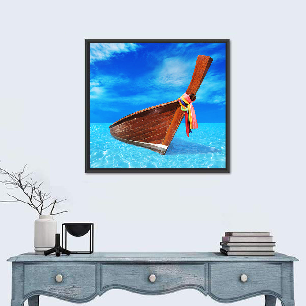 Long-tail Boat in Blue Sea Wall Art in a room, square