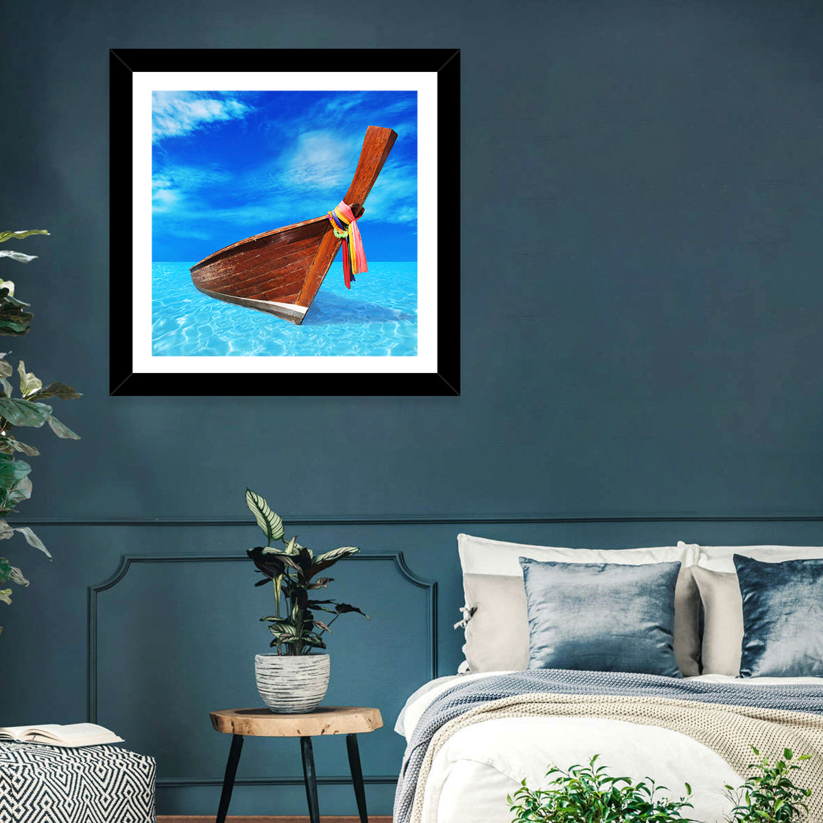 Long-tail Boat in Blue Sea Wall Art in a room, square