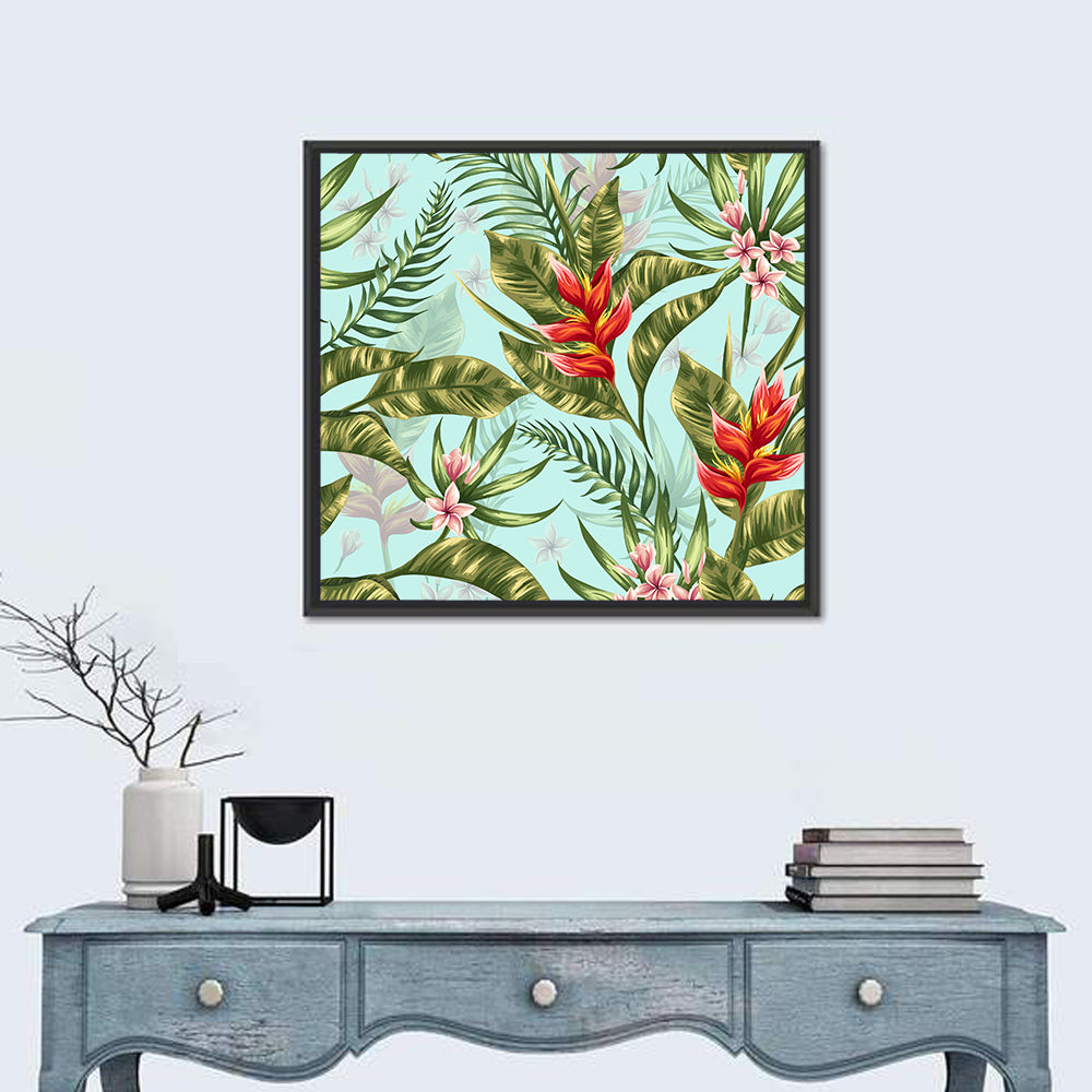 Tropical Floral Seamless Pattern Wall Art in a room, square