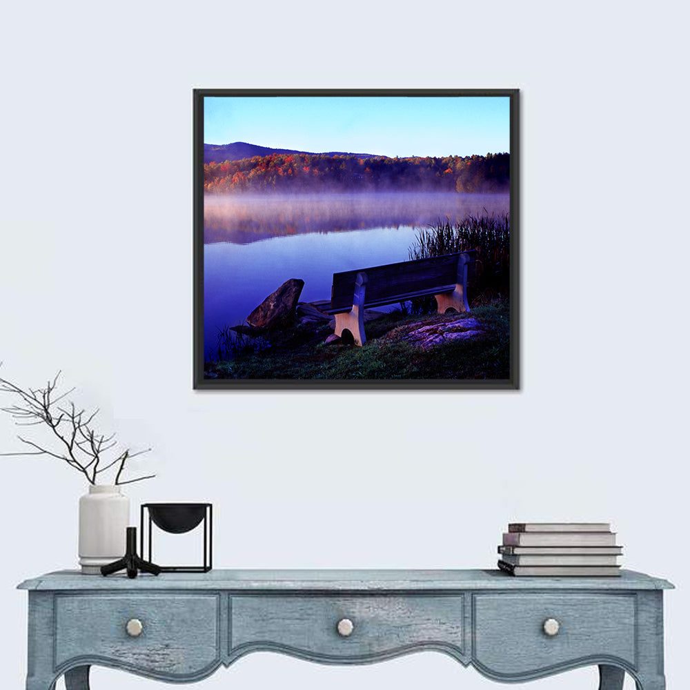 Bench at Misty Lake Sunrise Wall Art
