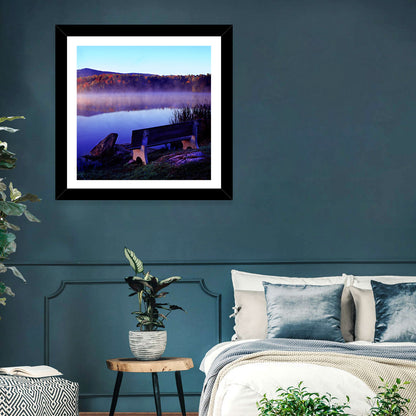 Bench at Misty Lake Sunrise Wall Art