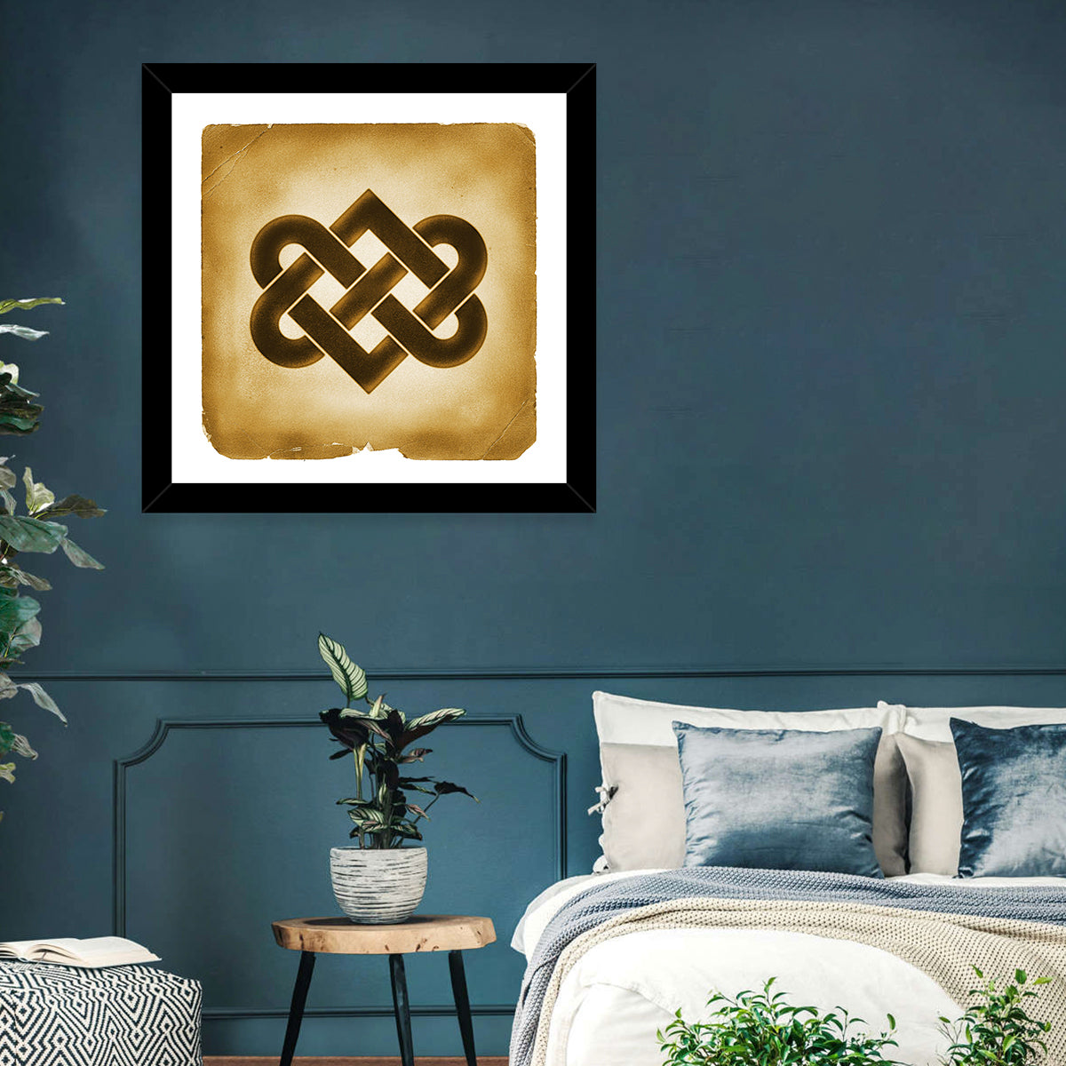 Gold Celtic Heart Knot Wall Art in a room, square